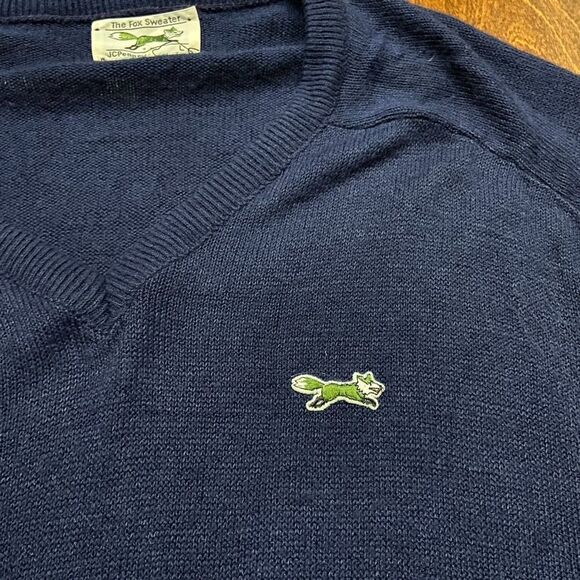The Fox Sweater Vintage 80s Navy Blue V-Neck Acrylic Sweater Men's Size Large - Picture 3 of 9